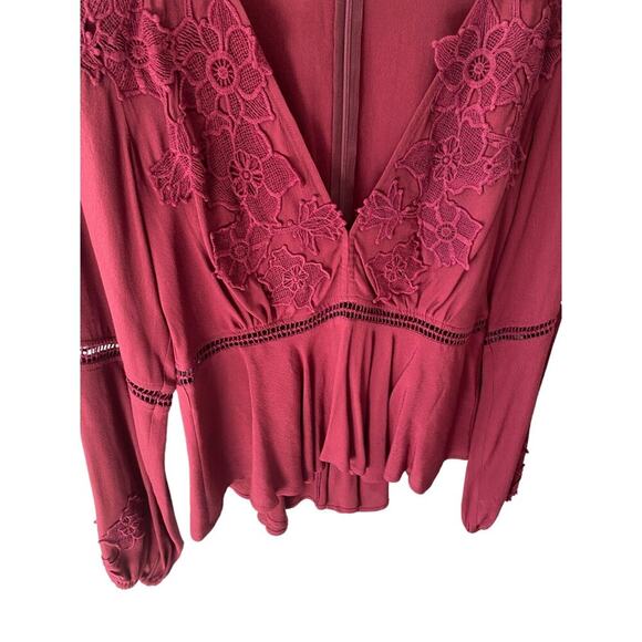 For Love & Lemons Deep V Long‎ Sleeve Blouse Top in Wine Size Large - Picture 5 of 9
